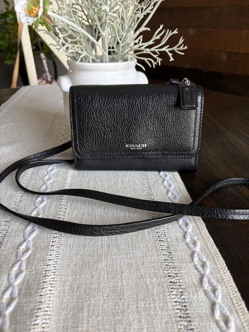 COACH Black Pebbled Leather Crossbody Wallet